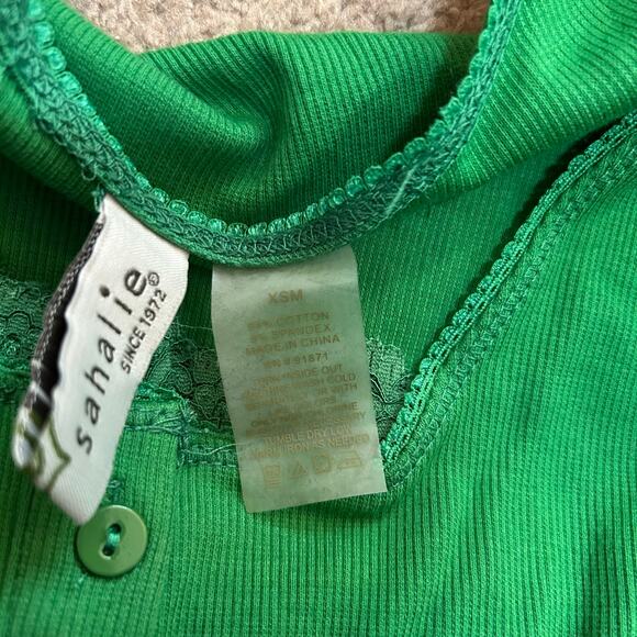 Y2K Sahalie Babydoll Henley Top Green Womens XS Cottage Boho Bella Swan Lace - Picture 3 of 5
